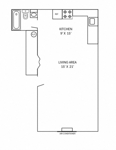 floor plan of a studio unit with 1 bathroom